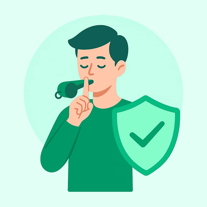 Person blowing whistle with shield
